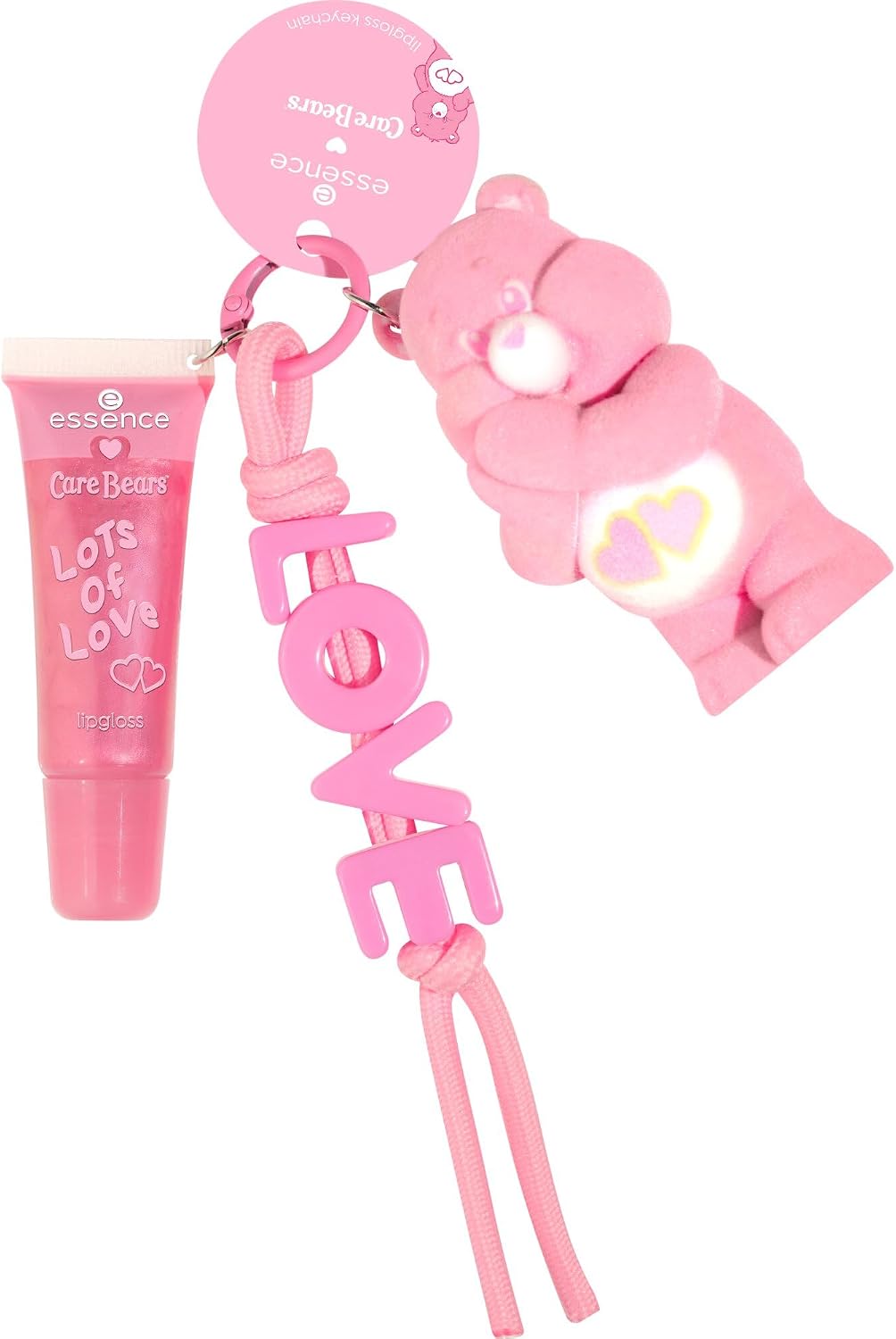 essence Care Bears lip gloss keychain 02 Lots Of Love: pink lip gloss tube with Love-a-Lot bear and LOVE cord